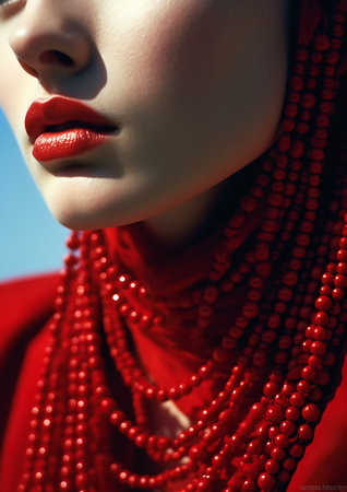 closeup woman wearing red dress scarf porcelain skin pearls fashion golden hour beads oval shape face perfect blue make, generative aiの素材