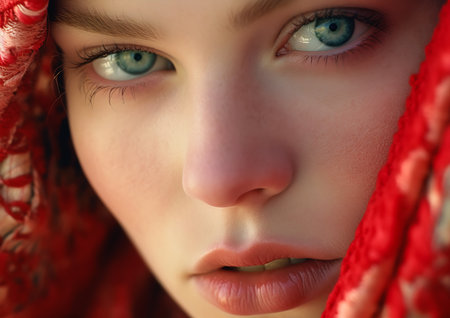 closeup woman red scarf covering face blue eyes gorgeous young model wide lips kind real pale skin view girl love, generative aiの素材