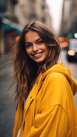 woman yellow jacket standing city street happy fashion model face female half smile age clothed hooded tones greek romanian subtle streets, generative aiの素材
