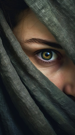 woman green eyes hiding behind gray cloth facing looking viewer gaze downcast clothed ancient drapes eye contact stealth among face visible, generative aiの素材