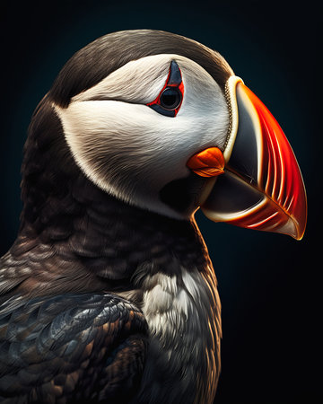 closeup bird bright orange beak atlantic puffin photographer luxury sharp nose rounded edges portrait homelander old city face shown vibrant color, generative aiの素材