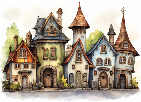 houses clock tower design own avatar housing architecture dynamic sharp roofs merchant street whacky designs adorable unique, generative aiの素材