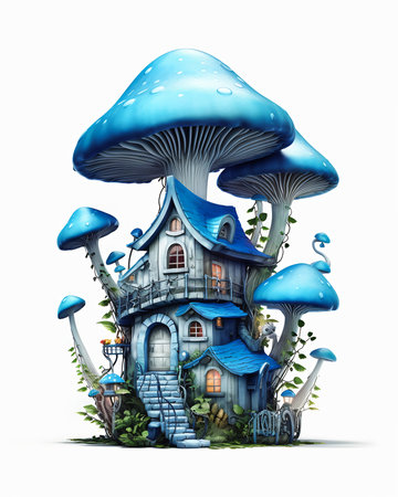 blue mushroom house stairs leading design illustration trees four dimensional quaint, generative aiの素材