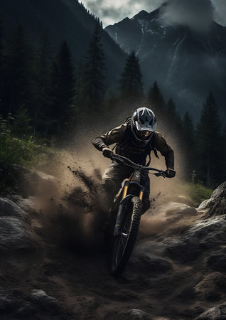 man riding dirt bike trail mountains earth focus gaussian blur whip visualize portrait swiss flowing energy extreme panoramic digging rugged dirty wall, generative aiの素材