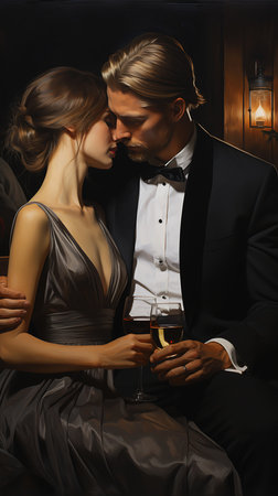 man woman tuxedo holding wine glasses looks dress proportions hair super acrylic reach, generative aiの素材