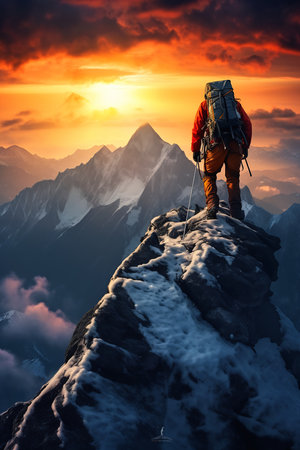 climb mountain climber top backpack golden hour zoomed out immensity profile books cover stunningly impossible dream ambitious paths, generative aiの素材