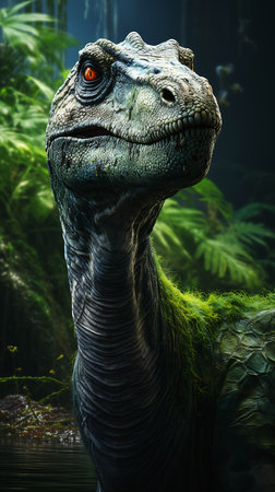 diplodocus closeup dinosaur large head look green long chin, generative aiの素材