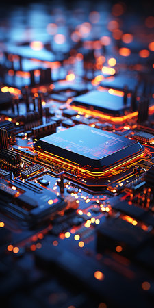 closeup computer chip motherboard profile large arrays environment mobile future technology well micro virtual engine, generative aiの素材