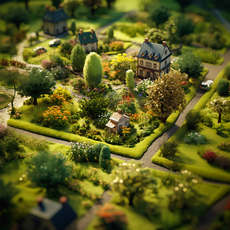 closeup model small town lot trees garden flowers interface tilt shifted still tv series tiny village french concept square sunlight houses pieces, generative aiの素材