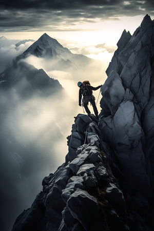 climb mountain climber rocky ridge backpack pictured shoulders reaching towards heavens levers consumer electronics alpha magazine dreamy sequence narrow passage, generative aiの素材