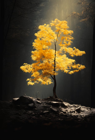 yellow tree forest light shining barren standing alone color gold rotten illuminated, generative aiの素材