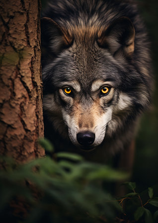 blur wolf looks out behind tree woods portrait dangerous lurking fin painted trustworthy eyes looking left facing viewer exalted highly, generative aiの素材