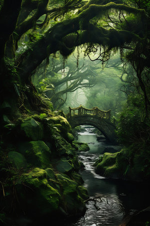 bridge stream green forest amazing exquisite eerie pic enchanted garden ancient alien jungle chinese dreams concept avatar monochromatic enigmatic natural beauty greenery, generative aiの素材