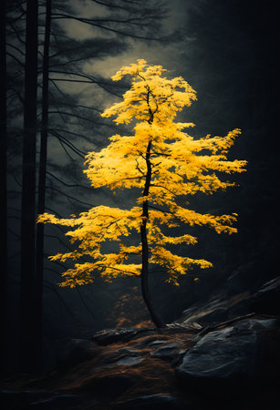 lone tree forest yellow light stunning unusually unique beauty standing confidently vertical golden armor rays, generative aiの素材