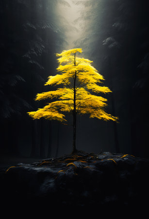 lone tree middle forest bright light shining trees black yellow color, generative aiの素材