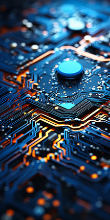 closeup computer motherboard blue button stunning illustration micro metallic reflective surfaces black background design computers holograms renderer, generative aiの素材