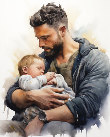 man holding baby arms rugged wonder devotion deep color absent father, generative aiの素材