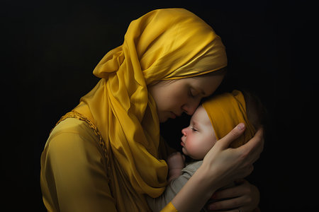 woman holding baby arms consumer electronics yellow black holy sacred beautifully first love head scarf, generative aiの素材