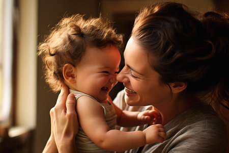 woman holding baby smiling professional models laugh lines two women love interconnected human hollow cheeks banner precious metals adopt interconnections face shown princess sap app broody, generative aiの素材