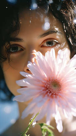 woman holding flower front face gradients short black curly hair old magazine cover boy daisy pink eyes still light, generative aiの素材