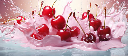 digit splash milk cherries pink liquid society carnal wet business products supplies advertising cherry explosion, generative aiの素材