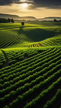 closeup field crops sun background green tea portugal curvatures stunning wine skin striped amazingly composed portland oregon radiating hill scales tourism business, generative aiの素材
