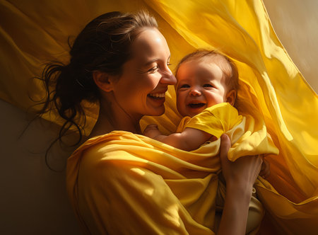 woman holding baby wrapped yellow blanket models harmonic color bright smiles luminescent fabrics epically luminous princess captured consumer electronics professional sunbeam linen, generative aiの素材
