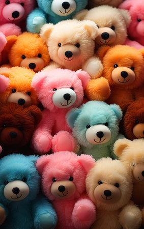 different colored teddy bears pile together perfect eyes pinks captured bottles young thousand november defense cute room cushions reds, generative aiの素材
