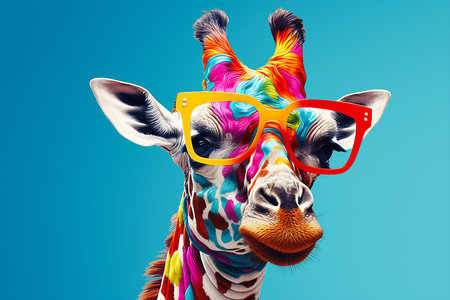 brightly colored giraffe glasses head blue background brand agency color splashes advertising overlays anthropomorphic creature vibrant mood, generative aiの素材