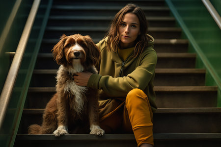 woman sitting stairs dog promotional brown sweater consumer electronics hair flow stream viridian album cover chasm jules foster ranger hiking cane pets, generative aiの素材