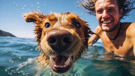 man dog deep heads above cute ecstatic face expression underwater professional focus close mischievous eyes summer vibe faces golden retriever say large noses, generative aiの素材