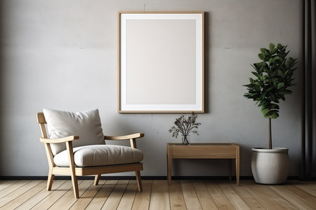 light frame hanging wall next chair table white placed large living room only one person featureless mirror texture, generative aiの素材