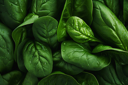 closeup spinach leaves deep droplets product panoramic imagery brimming energy wall fresh basil background poison apples age, generative aiの素材