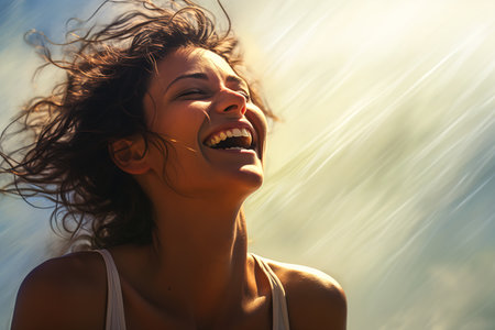 smiling woman wind blowing hair people contentment golden rays sunlight panoramic girl laugh lines antigravity freedom glowing backlit hcl third person, generative aiの素材