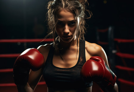 closeup woman boxing ring red gloves standing defiant mountain battles concept resistance drenched clothing full round face tired girl, generative aiの素材