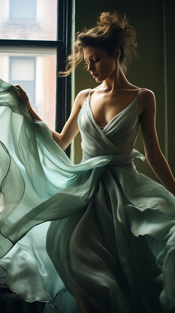 woman dress posing window silk flowing wind city cyan backdrop business products supplies gown pale bluish skin swirling flows energy princess green silver garment, generative aiの素材