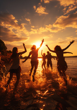 int people jumping deep sunset beach promotional person music festival shining sun upbeat profile party background afternoon rapture alcohol river revellers, generative aiの素材