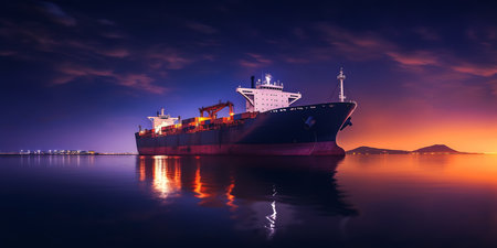 large ship docked deep night low horizon steel collar temporal super creating presence illustrations diagrams skies interconnections oil lines yard, generative aiの素材