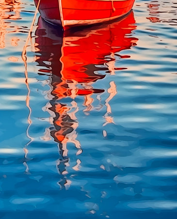 red boat man floating deep aliased soft morning light stands easel blue orange palette harbor canoe, generative aiの素材