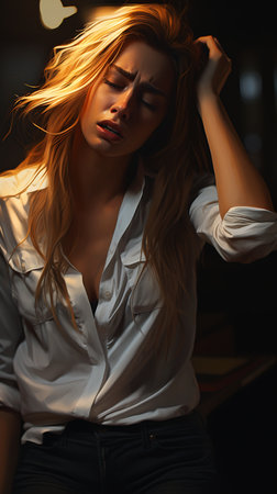 model blond woman long hair white shirt jeans stunning incredible frustrated expression lux gorgeous female city weaving lighting study, generative aiの素材
