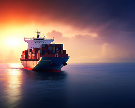 large container ship sailing ocean sunset borders terran trade authority interconnections bountiful crafts reflective material hidden dangers, generative aiの素材