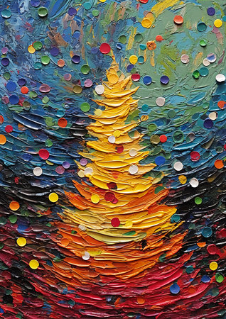 tree colored dots thick impasto technique dynamic closeup composition lollypops holy fire spell celestial, generative aiの素材