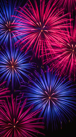 fireworks lit night sky color interconnections bright vibrant wow macro closeup imagery fourth july flares streaming nebulous bouquets, generative aiの素材