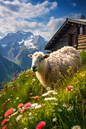 sheep standing hill flowers view cabin eyes face log beneath alps sunny day time milk bath effect inhabited levels panoramic imagery peaceful looking animals puffy, generative aiの素材