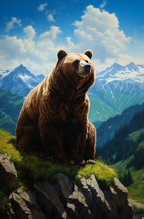 bear sitting mountain top view valley airbrushing full body sales color standing triumphant proud side profile, generative aiの素材