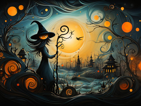 witch broom hat forest gorgeous pumpkin farm background eyes shone bright night cloak flittering wind grey orange colors spooky halloween fun norse goddess evening scarecrow, generative aiの素材