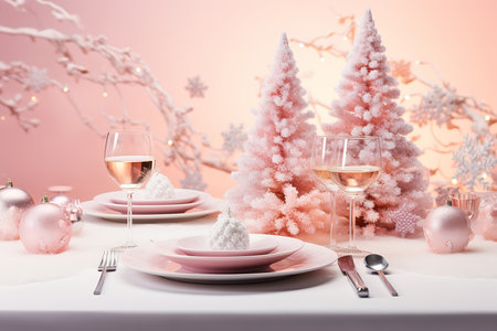 table set pink white decorations ice digital studio styled food trees pastel palette silhouette textures lovers eat fall winter commercial, generative aiの素材