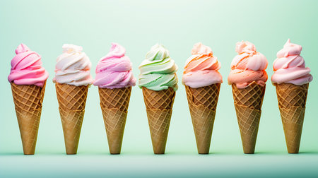 row ice cream cones different flavors ratio young princess vermillion cyan texture summer weather petrol, generative aiの素材