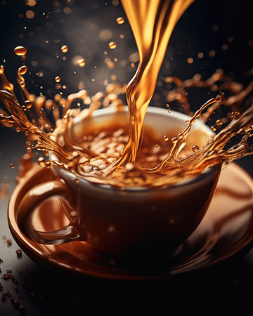 closeup cup coffee liquid pouring out captures emotion movement similar bifrost splash page profile color, generative aiの素材