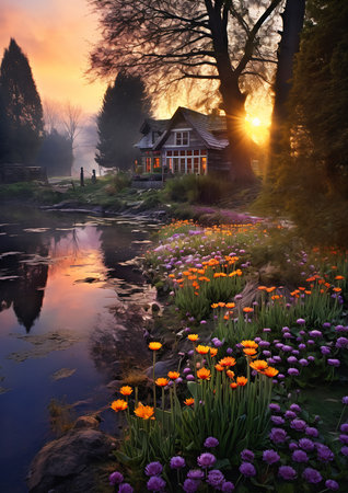 flowers trees field near river sunset luxurious wooden cottage foggy pond matte enchanted dreams splashes color early spring, generative aiの素材